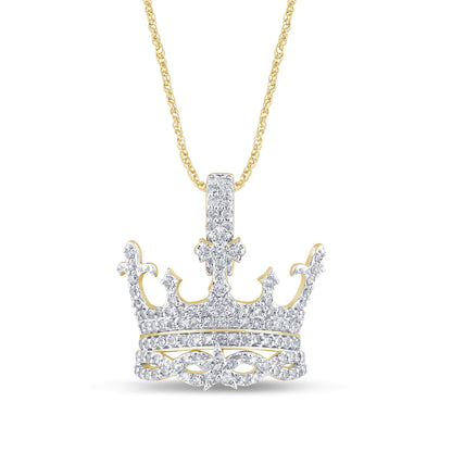 10K YELLOW GOLD .75 CARAT 1 INCH NATURAL DIAMOND CROWN CROSS PENDANT CHARM