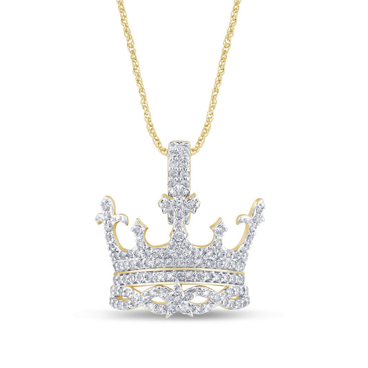 10K YELLOW GOLD .75 CARAT 1 INCH NATURAL DIAMOND CROWN CROSS PENDANT CHARM