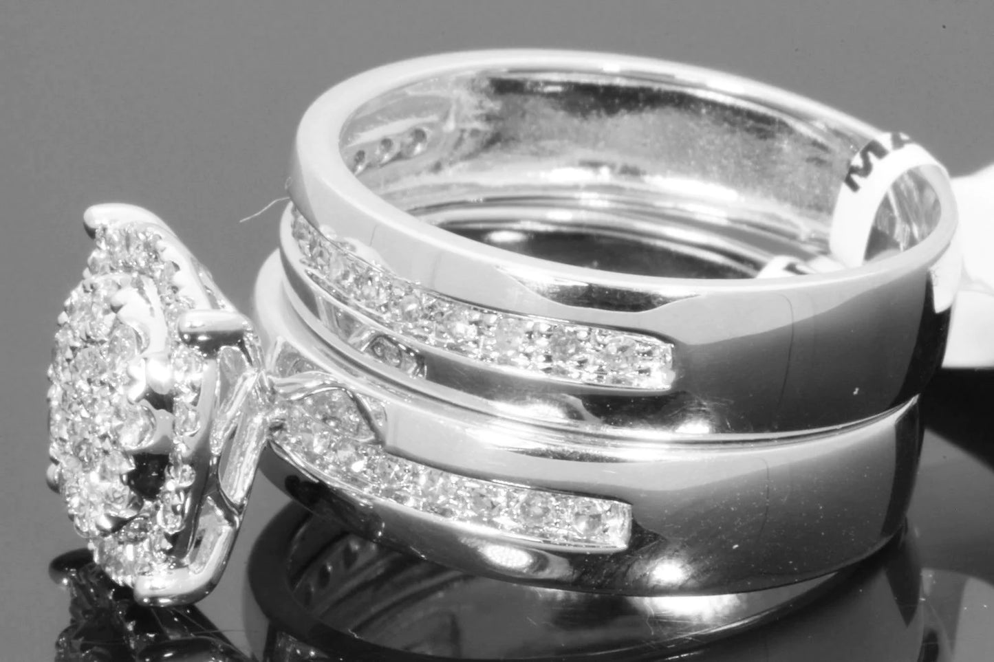 10K WHITE GOLD 1 CARAT MEN WOMEN DIAMOND TRIO ENGAGEMENT WEDDING RING BAND SET