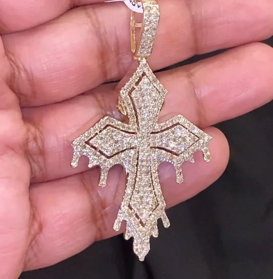 10K YELLOW GOLD 3.75 CARAT 2.50 INCH REAL DIAMOND MEN CROSS PENDANT CHARM CROSS