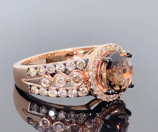 10K ROSE GOLD 3 CARAT DIAMONDS & SMOKY QUARTZ RING