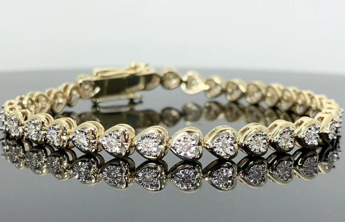 10K YELLOW GOLD .85 CARAT REAL DIAMOND WOMEN HEART BRACELET