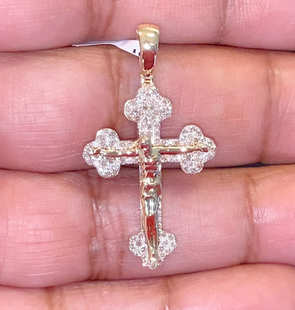 10K YELLOW GOLD .50 CARAT 1.50 INCHES REAL DIAMOND MEN CROSS PENDANT JESUS CHARM CROSS