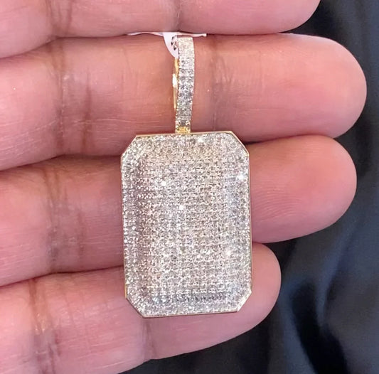 10K YELLOW GOLD 2 CARAT 1.75 INCHES REAL DIAMOND DOG TAG PENDANT CHARM