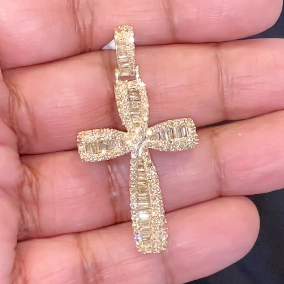 10K YELLOW GOLD 2.50 CARAT 2 INCHES REAL DIAMOND CROSS PENDANT CHARM CROSS