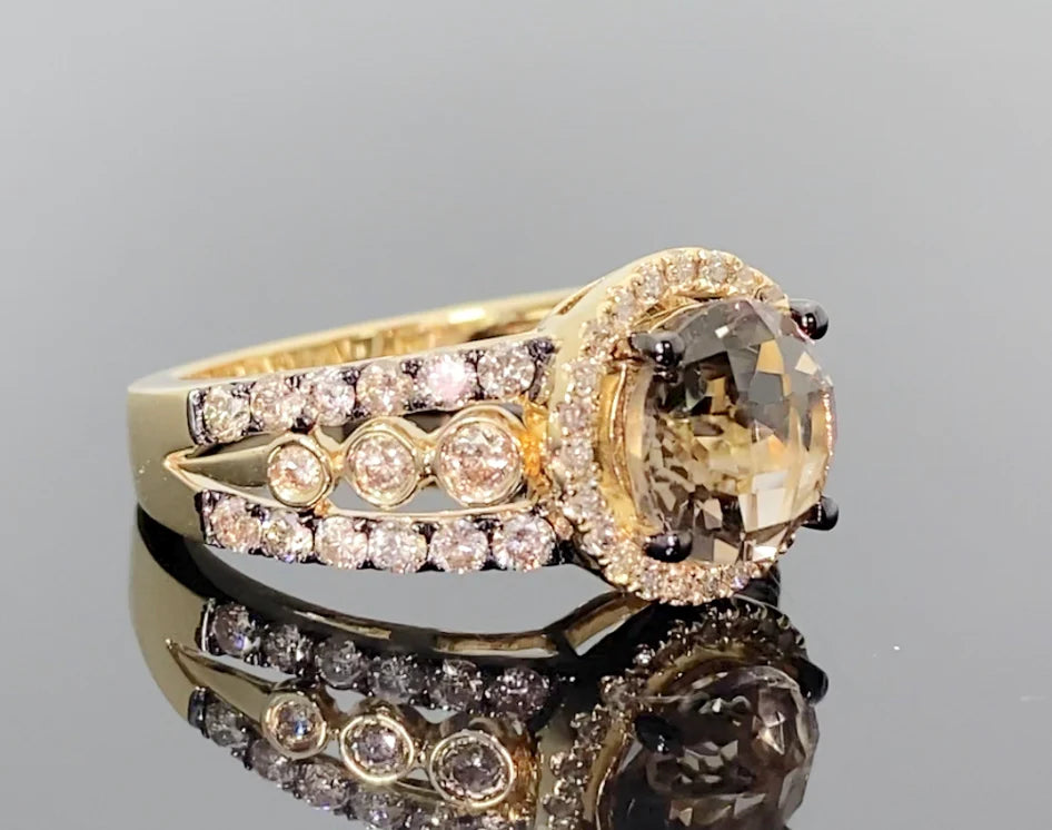 10K YELLOW GOLD 3 CARAT DIAMONDS & SMOKY QUARTZ RING