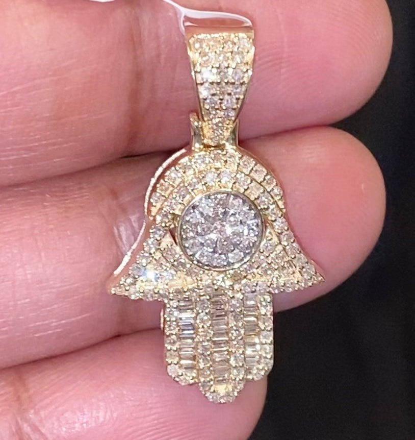 10K YELLOW GOLD 1 CARAT REAL DIAMOND 1.25 INCHES HAMSA HAND PENDANT CHARM