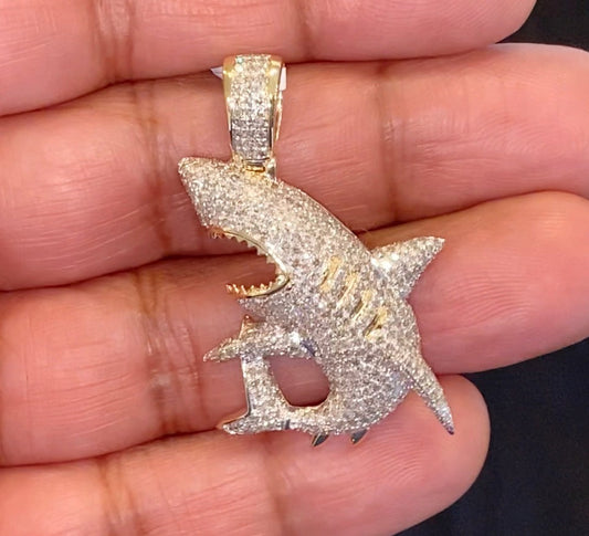 10K SOLID YELLOW GOLD 2.50 CARAT REAL DIAMOND 1.50" SHARK FISH PENDANT CHARM