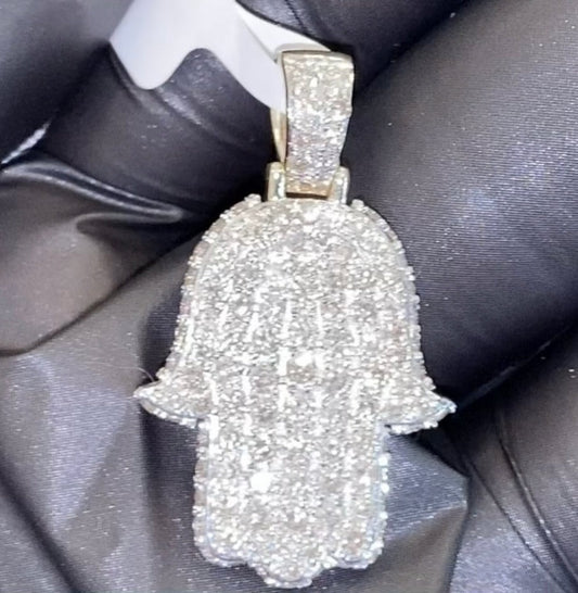 10K YELLOW GOLD 2.25 CARAT REAL DIAMOND 1.25 INCHES HAMSA HAND PENDANT CHARM