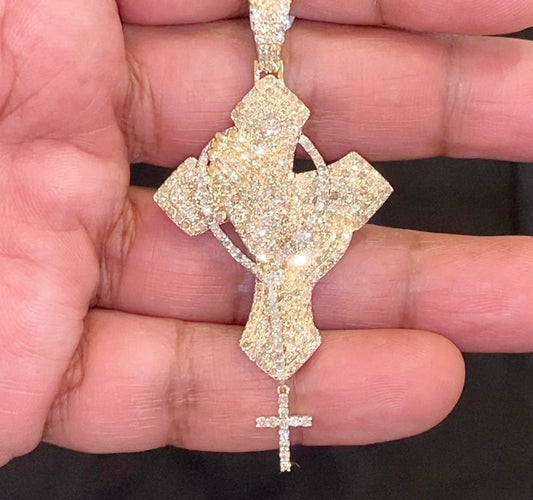 10K SOLID YELLOW GOLD 4.25 CARAT REAL DIAMOND 2.75 INCHES PRAYING HAND CROSS PENDANT CHARM