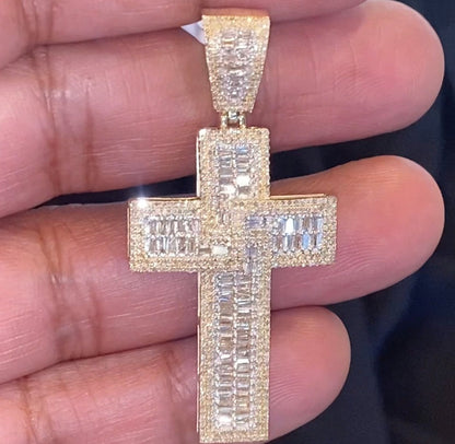 10K YELLOW GOLD 1.65 CARAT 2 INCHES REAL DIAMOND MEN CROSS PENDANT CHARM CROSS