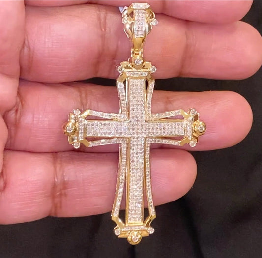 10K YELLOW GOLD 1.25 CARAT 2.50 INCH REAL DIAMOND MEN CROSS PENDANT CHARM CROSS