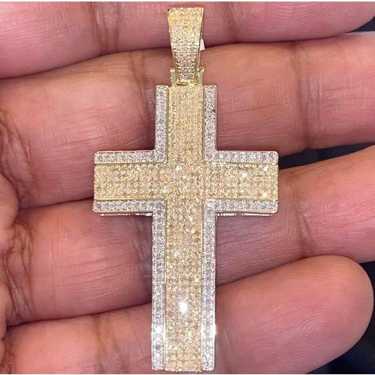 10K YELLOW GOLD 1.25 CARAT 2 INCHES REAL DIAMOND MEN CROSS PENDANT CHARM CROSS