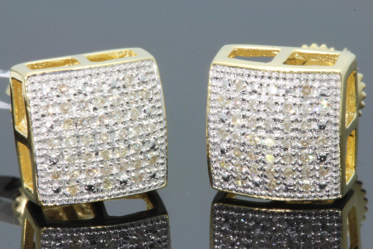 .25 CARAT NATURAL DIAMOND STERLING SILVER YELLOW GOLD PLATED MENS WOMENS 9 MM EARRINGS STUDS
