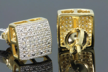 .25 CARAT NATURAL DIAMOND STERLING SILVER YELLOW GOLD PLATED MENS WOMENS 9 MM EARRINGS STUDS