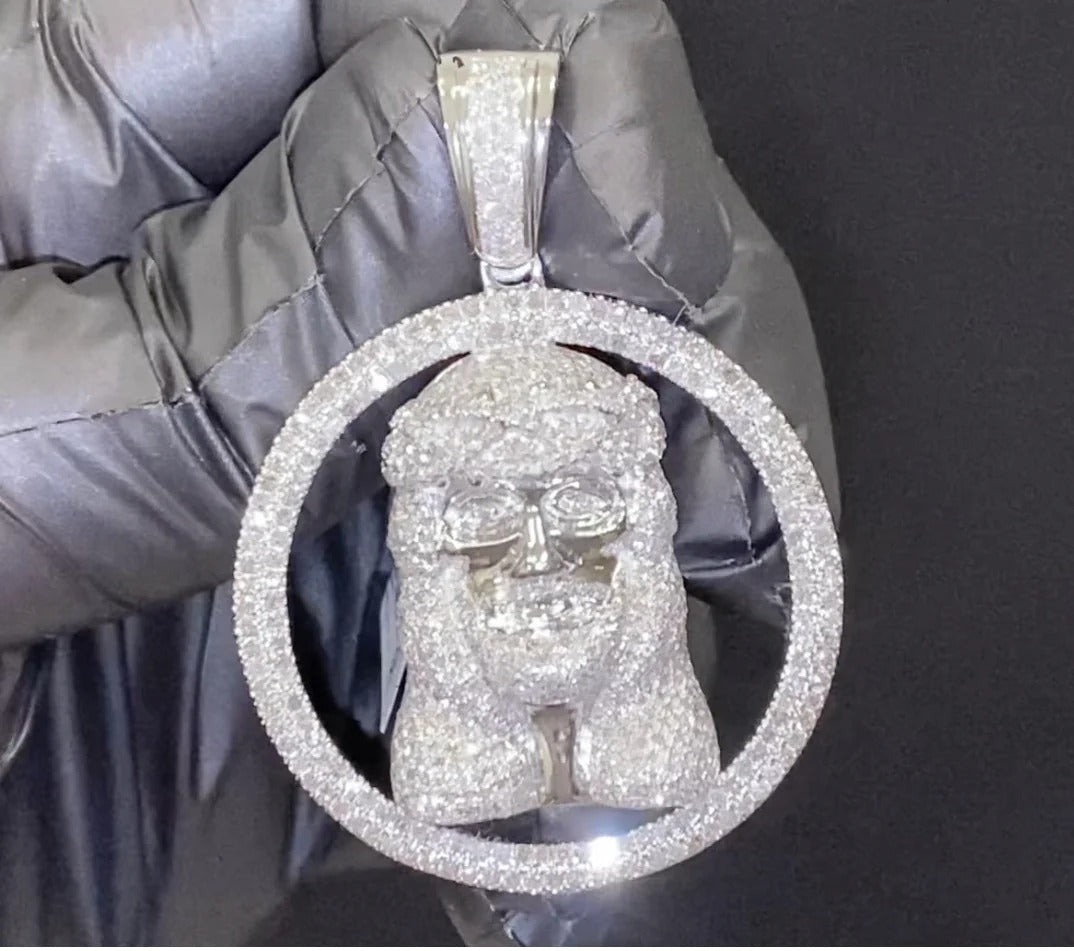 3.50 CARAT STERLING SILVER 2 INCHES DIAMOND JESUS FACE HEAD CROSS CHARM PENDANT