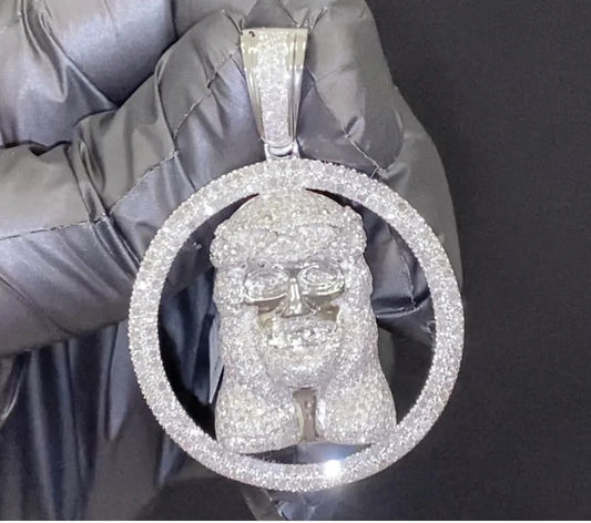 3.50 CARAT STERLING SILVER 2 INCHES DIAMOND JESUS FACE HEAD CROSS CHARM PENDANT