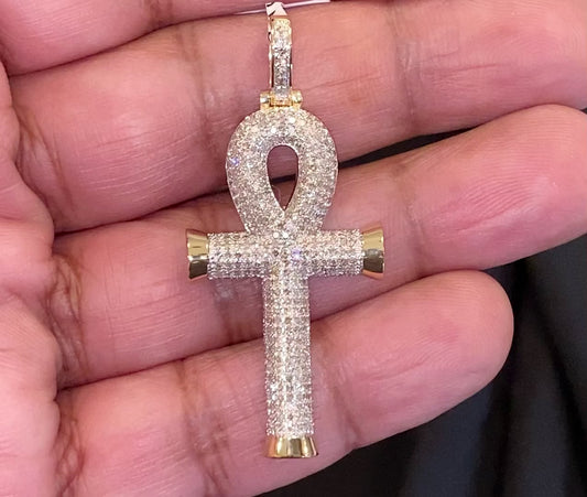 10K YELLOW GOLD 1.75 CARAT 2 INCHES REAL DIAMOND ANKH CROSS PENDANT CHARM