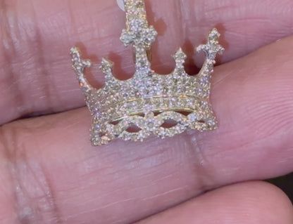 10K YELLOW GOLD .75 CARAT 1 INCH NATURAL DIAMOND CROWN CROSS PENDANT CHARM