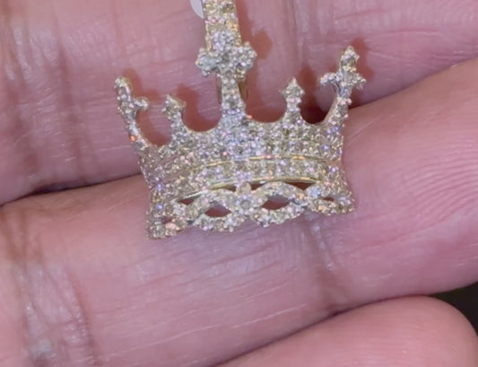 10K YELLOW GOLD .75 CARAT 1 INCH NATURAL DIAMOND CROWN CROSS PENDANT CHARM