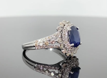 10K WHITE GOLD 2.50 CARAT DIAMOND & BLUE SAPPHIRE RING