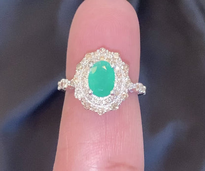 10K WHITE GOLD 2 CARAT DIAMOND & OVAL EMERALD RING