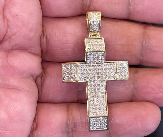 10K YELLOW GOLD 1.25 CARAT 2 INCH REAL DIAMOND MEN CROSS PENDANT CHARM CROSS