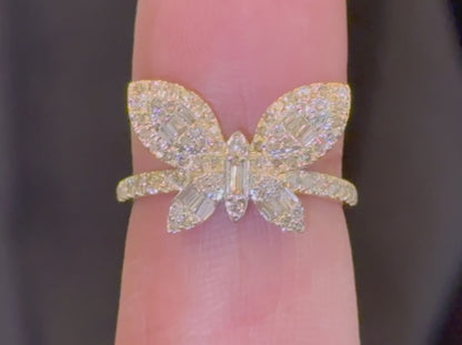 10K SOLID YELLOW GOLD .75 CARAT REAL WOMEN DIAMOND BUTTERFLY RING
