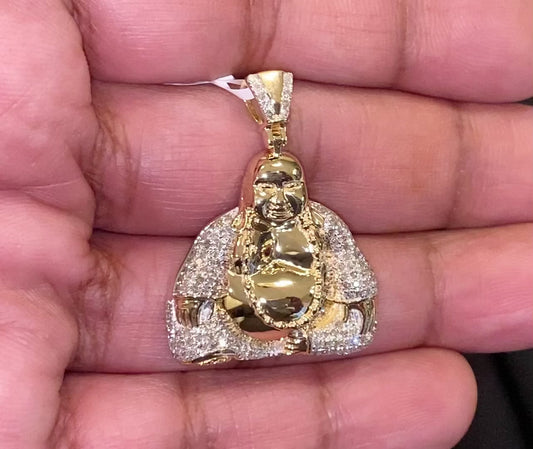 10K YELLOW GOLD 1 CARAT REAL DIAMOND 1.35 INCHES MEN BUDDHA CHARM PENDANT