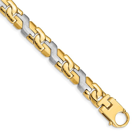 10k Two-tone 8.8mm Satin and Hand Polished Fancy Link Bracelet