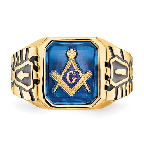 10k Men's Polished, Antiqued and Grooved with Imitation Blue Spinel Masonic Ring