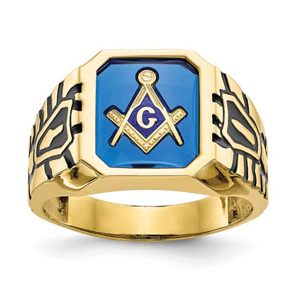 10k Men's Polished, Antiqued and Grooved with Imitation Blue Spinel Masonic Ring