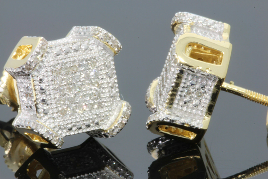 .35 CARAT REAL DIAMONDS STERLING SILVER YELLOW GOLD PLATING UNISEX 10 MM 100% REAL DIAMONDS EARRINGS STUDS