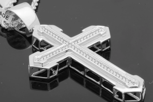 10K WHITE GOLD .35 CARAT 2 INCH REAL DIAMOND MEN CROSS PENDANT CHARM CROSS