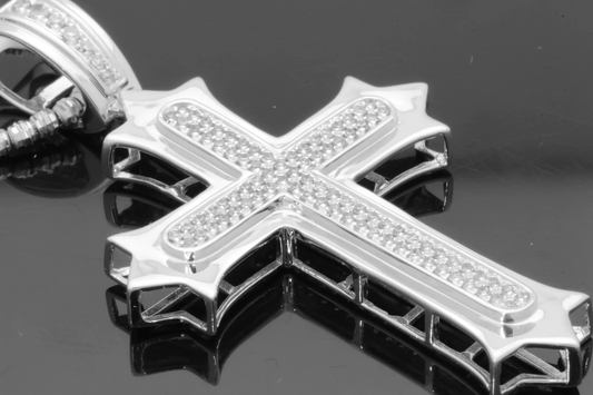 10K WHITE GOLD .60 CARAT 2 INCH REAL DIAMOND MEN CROSS PENDANT CHARM CROSS