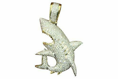 10K SOLID YELLOW GOLD 2.75 CARAT REAL DIAMOND 1.50" SHARK FISH PENDANT CHARM