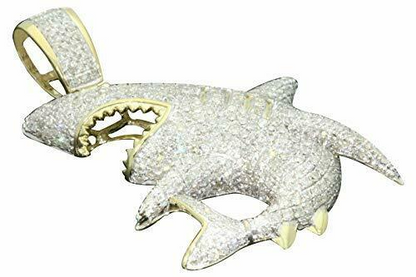 10K SOLID YELLOW GOLD 2.75 CARAT REAL DIAMOND 1.50" SHARK FISH PENDANT CHARM