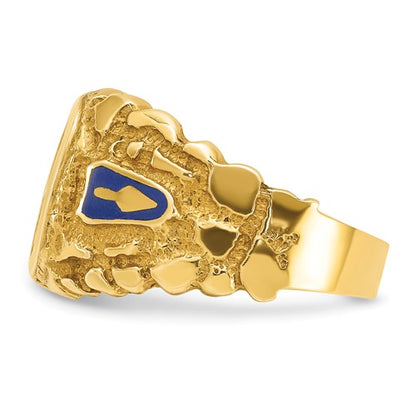 IBGoodman 10k Men's Polished and Nugget Textured with Blue Enamel and Lab Created Sapphire Blue Lodge Master Masonic Ring