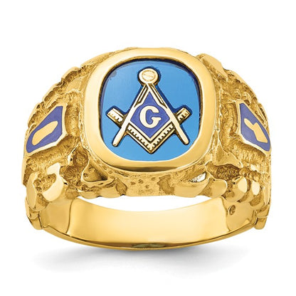 IBGoodman 10k Men's Polished and Nugget Textured with Blue Enamel and Lab Created Sapphire Blue Lodge Master Masonic Ring