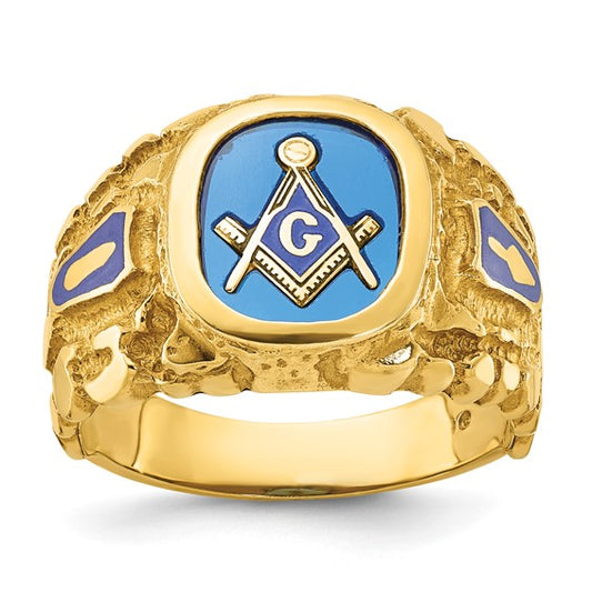 IBGoodman 10k Men's Polished and Nugget Textured with Blue Enamel and Lab Created Sapphire Blue Lodge Master Masonic Ring