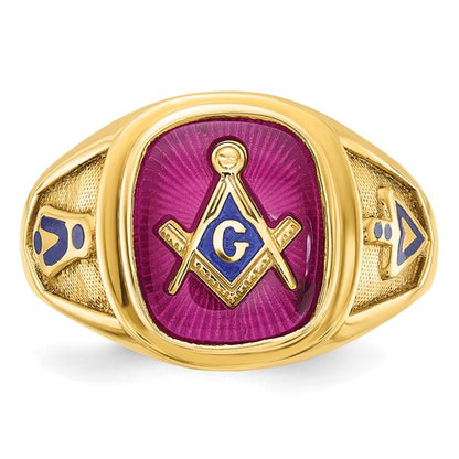 IBGoodman 14k Men's Polished and Textured with Blue Enamel and Lab Created Ruby Blue Lodge Master Masonic Ring