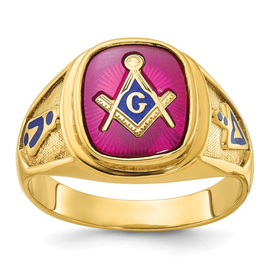 IBGoodman 14k Men's Polished and Textured with Blue Enamel and Lab Created Ruby Blue Lodge Master Masonic Ring