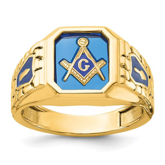 IBGoodman 10k Men's Polished and Textured with Blue Enamel and Lab Created Sapphire Blue Lodge Master Masonic Ring