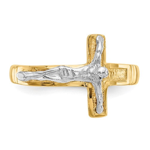 14K Two-Tone Polished Diamond-Cut Mens Crucifix Ring