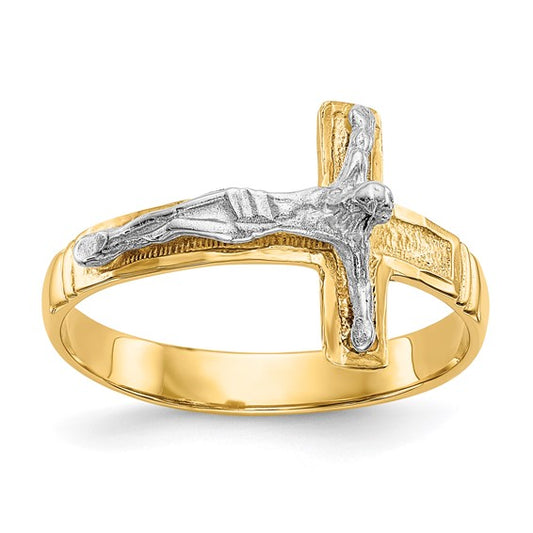 14K Two-Tone Polished Diamond-Cut Mens Crucifix Ring