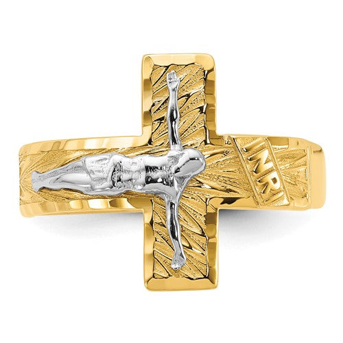 14k Two-tone Polished and Diamond-Cut Mens Crucifix Ring