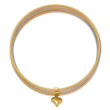 14K Tri-color with Dangle Heart Oversized Set of 7 Textured Slip-on Bangles