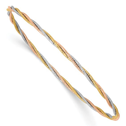 14k Tri-color Diamond-cut Twisted Slip-on Bangle