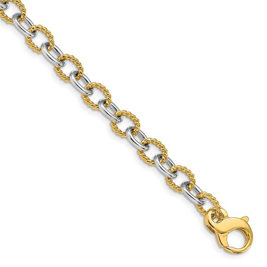 14K Two-tone 18 inch 6.5mm Hand Polished and Textured Fancy Link with Fancy Lobster Clasp Chain