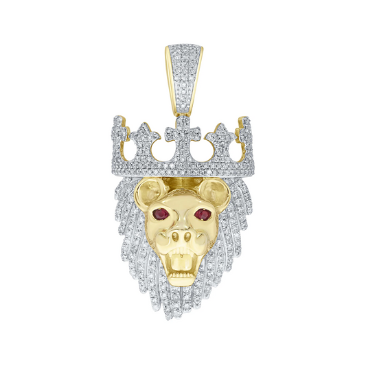 10K YELLOW GOLD 1.40 CARAT 1.50 INCHES REAL DIAMOND LION HEAD CROWN PENDANT CHARM / SKU PD03025-YG